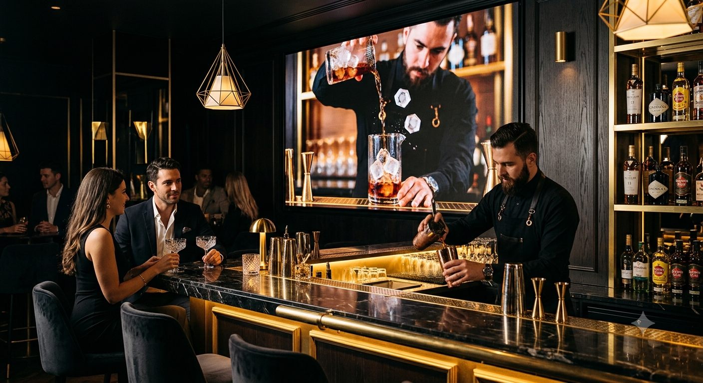 Warm beleuchteter Innenraum der AURUM Bar mit Messing-Details, dunklem Marmor und Samtsesseln